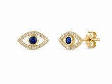 Load image into Gallery viewer, 14K Yellow Gold Sapphire & Pavé Diamond Evil Eye Stud Earrings