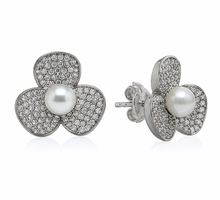 Load image into Gallery viewer, Pavé Diamond & Pearl Floral Stud Earrings