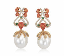 Load image into Gallery viewer, Orange Sapphire, Emerald, Diamond & Pearl Drop Earrings