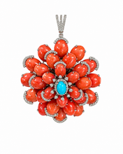 Load image into Gallery viewer, Red Coral, Turquoise & Diamond Pendant/Brooch