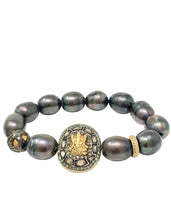 Load image into Gallery viewer, Black Pearl, Ganesha & Diamond Stretch Bracelet
