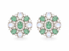 Load image into Gallery viewer, Emerald, Moonstone & Diamond Floral Stud Earrings