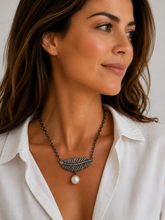 Load image into Gallery viewer, Oxidized Silver Feather & Pearl Necklace
