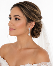 Load image into Gallery viewer, Sterling Silver Pearl &amp; Zirconia Drop Earrings

