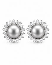 Load image into Gallery viewer, Grey Pearl Baguette Halo Stud Earrings
