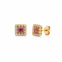 Load image into Gallery viewer, 18K Gold Pink Tourmaline &amp; Pavé Diamond Stud Earrings
