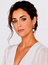 Load image into Gallery viewer, Orange Sapphire, Emerald, Diamond &amp; Pearl Drop Earrings
