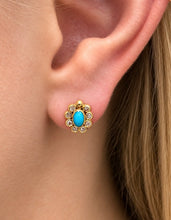 Load image into Gallery viewer, 18K Yellow Gold Turquoise &amp; Champagne Diamond Stud Earrings
