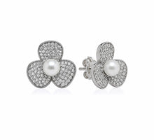 Load image into Gallery viewer, Pavé Diamond &amp; Pearl Floral Stud Earrings
