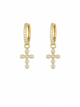 Load image into Gallery viewer, Gold Pavé Huggie Earrings with Diamond Cross Charms
