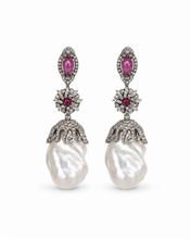 Load image into Gallery viewer, Baroque Pearl, Ruby &amp; Diamond Drop Earrings
