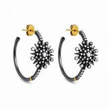 Load image into Gallery viewer, Two Tone Hoop Earrings with Diamond Starburst
