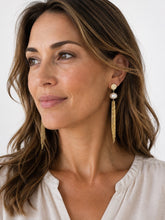 Load image into Gallery viewer, White Pearl &amp; Gold Chain Fringe Earrings
