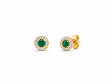Load image into Gallery viewer, 14K Gold Emerald &amp; Diamond Halo Stud Earrings
