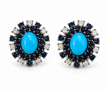 Load image into Gallery viewer, Turquoise, Sapphire &amp; Diamond Oval Stud Earrings
