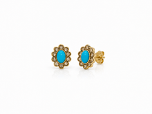 Load image into Gallery viewer, 18K Yellow Gold Turquoise &amp; Champagne Diamond Stud Earrings
