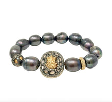 Load image into Gallery viewer, Black Pearl, Ganesha &amp; Diamond Stretch Bracelet
