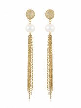 Load image into Gallery viewer, White Pearl &amp; Gold Chain Fringe Earrings
