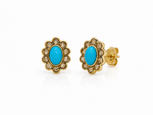 Load image into Gallery viewer, 18K Yellow Gold Turquoise &amp; Champagne Diamond Stud Earrings
