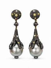 Load image into Gallery viewer, Tahitian Pearl, Champagne Diamond, Pavé Diamond and White Diamond Earrings
