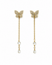 Load image into Gallery viewer, Gold Butterfly &amp; Floating Diamond Drop Earrings

