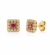 Load image into Gallery viewer, 18K Gold Pink Tourmaline &amp; Pavé Diamond Stud Earrings
